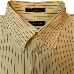 Nautica Mens Shirt 16.5 Large Yellow Striped Short Sleeve Button Down Cotton